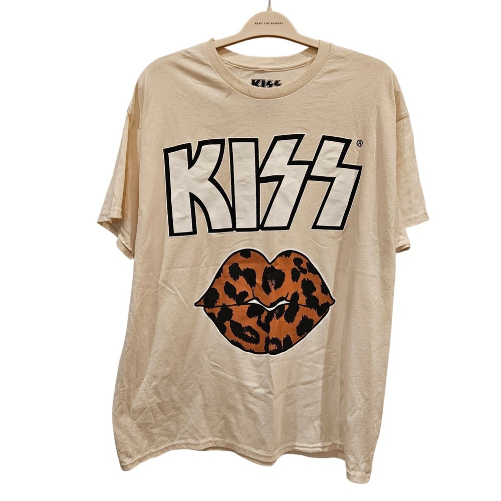 KISS Band Logo Leopard Lips Graphic T Shirt XL Large Beige Cotton Rock Music